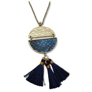 Bohemian Gold Hammered‎ Half Moon Blue Faux Snakeskin Tassel Pendant Necklace